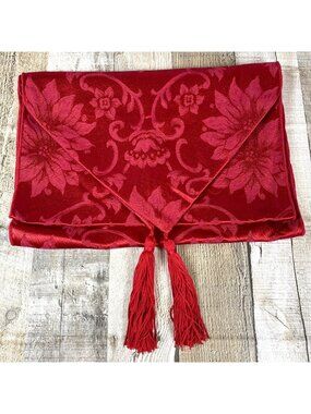 Red Damask Poinsettia Floral Jacquard 72" Table Runner Tassels Holiday Christmas